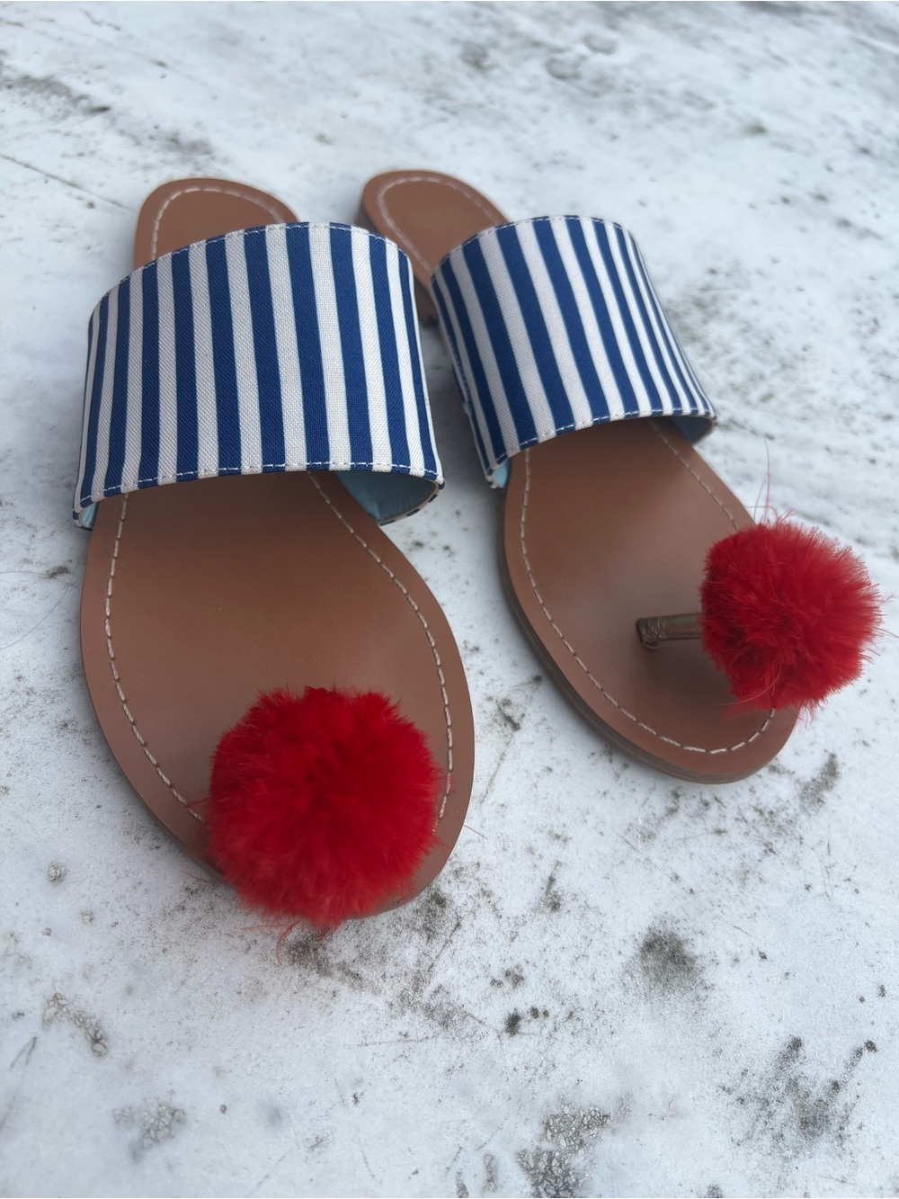 Frances Valentine New York Striped Pom-Pom Slide Sandals Red Navy White Stripes - Picture 2 of 5